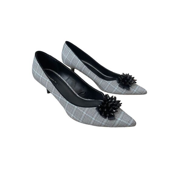 Zara Womens Gray Plaid Beaded Pointed Toe Kitten Stiletto Pump Heels Size 41 - Picture 1 of 7
